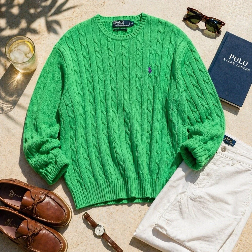 Vintage Polo Ralph Lauren Men Sweater XL Crewneck Cable Green Purple Pony Preppy